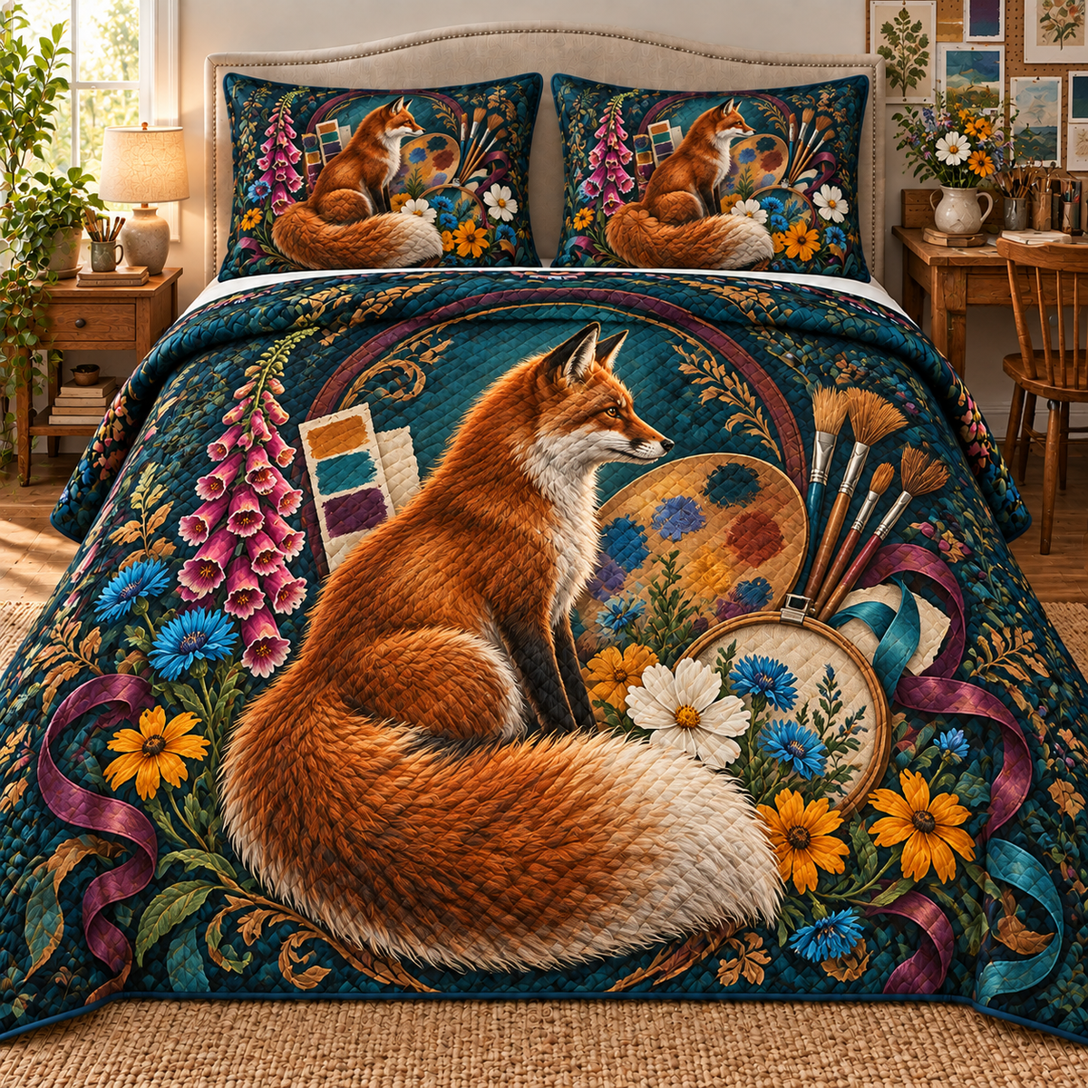 Foxbloom Maker Crest Quilted Bedding Set with printed optical 3D artwork in its use setting