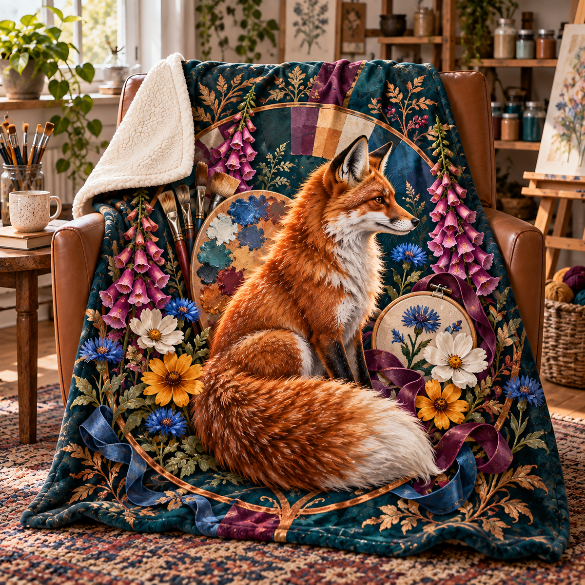 Foxbloom Maker Crest Sherpa & Fleece Blanket with printed optical 3D artwork in its use setting