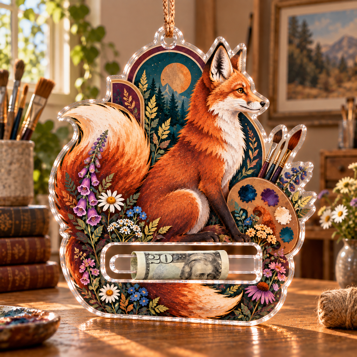 Foxbloom Maker Crest Acrylic Cash Holder Ornament with printed optical 3D artwork in its use setting
