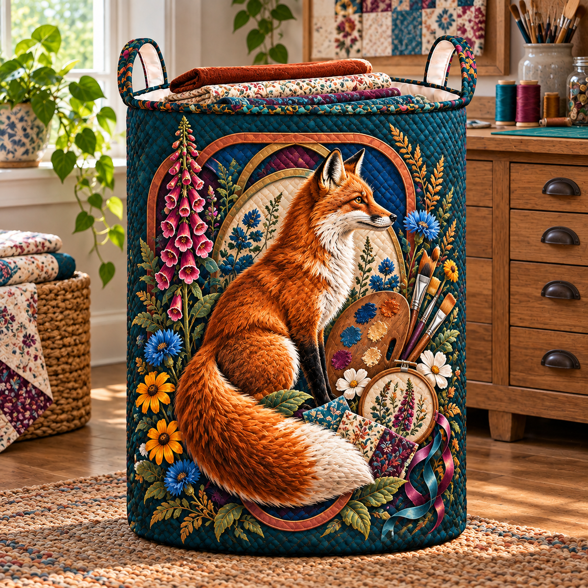Foxbloom Maker Crest Laundry Hamper with printed optical 3D artwork in its use setting