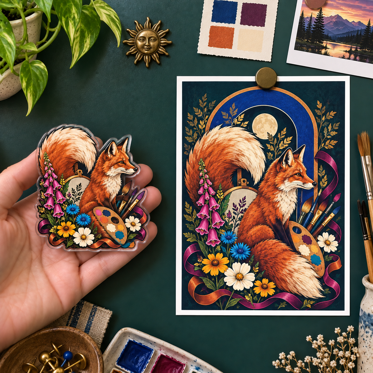 Foxbloom Maker Crest Acrylic Refrigerator Magnet with printed optical 3D artwork in its use setting