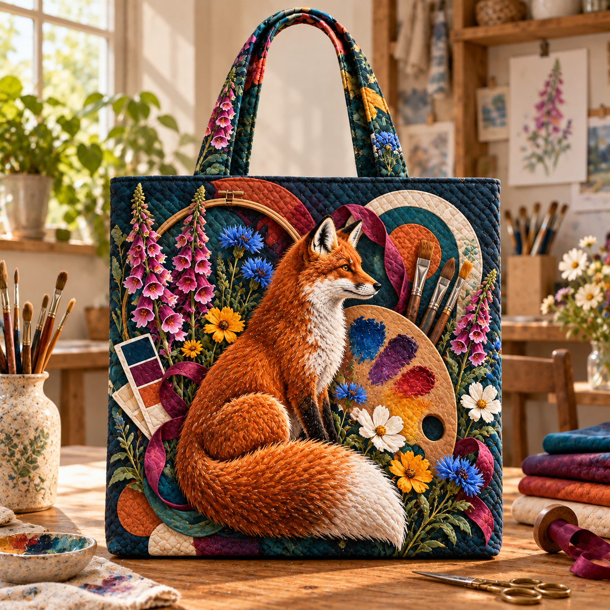 Foxbloom Maker Crest Quilted Tote Bag with printed optical 3D artwork in its use setting