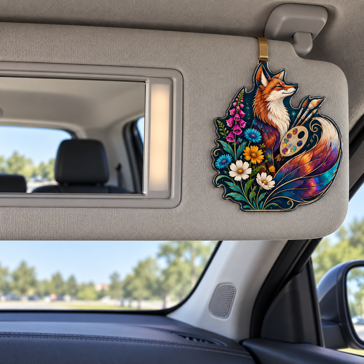 Foxbloom Maker Crest Holographic Car Visor Clip with printed optical 3D artwork in its use setting