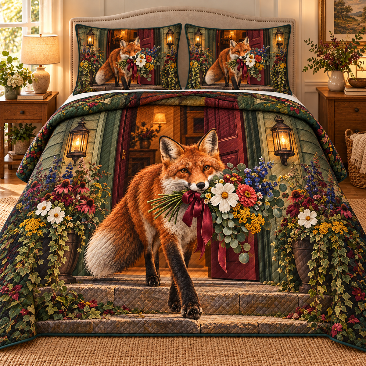 Foxglade Welcome Bouquet Quilted Bedding Set with printed optical 3D artwork in its use setting
