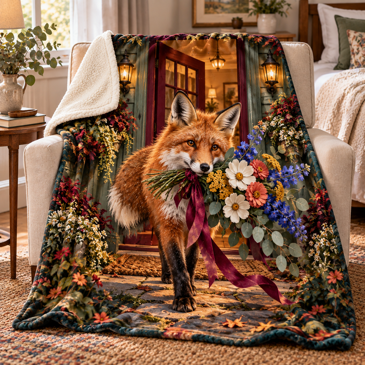 Foxglade Welcome Bouquet Sherpa & Fleece Blanket with printed optical 3D artwork in its use setting