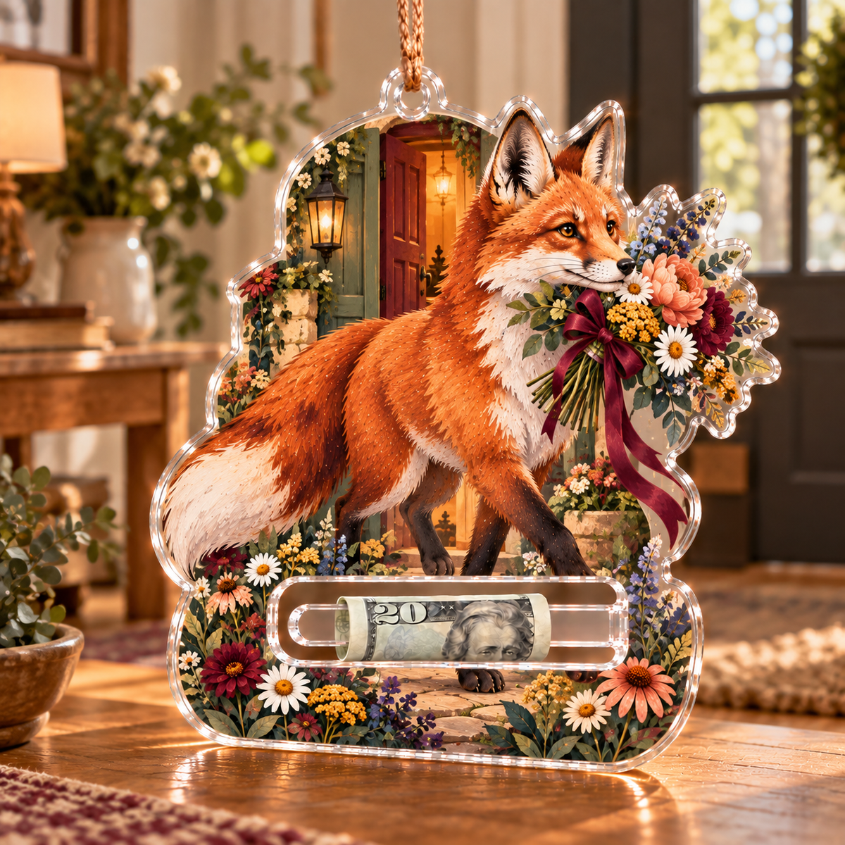 Foxglade Welcome Bouquet Acrylic Cash Holder Ornament with printed optical 3D artwork in its use setting