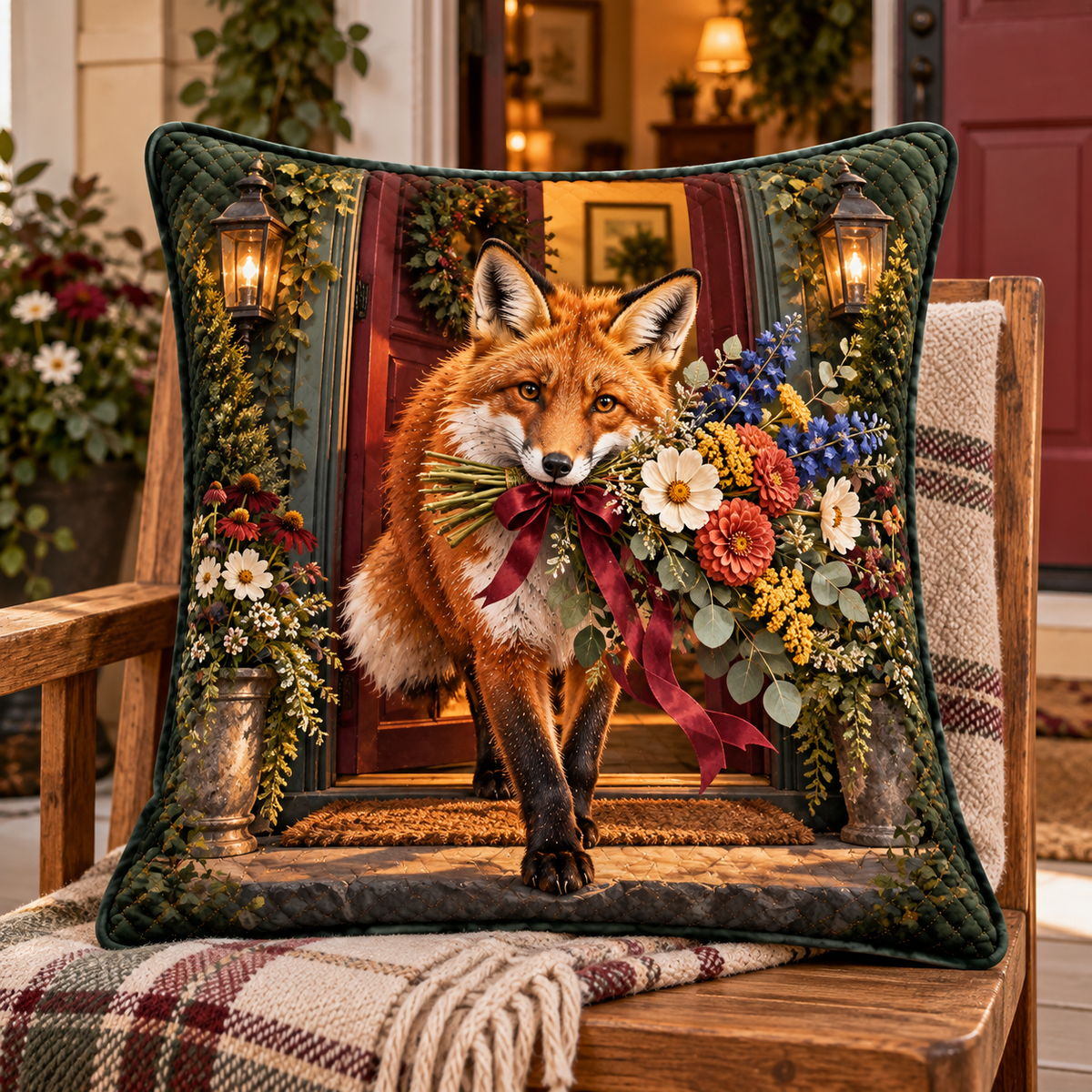 Foxglade Welcome Bouquet Quilted Cushion Cover with printed optical 3D artwork in its use setting