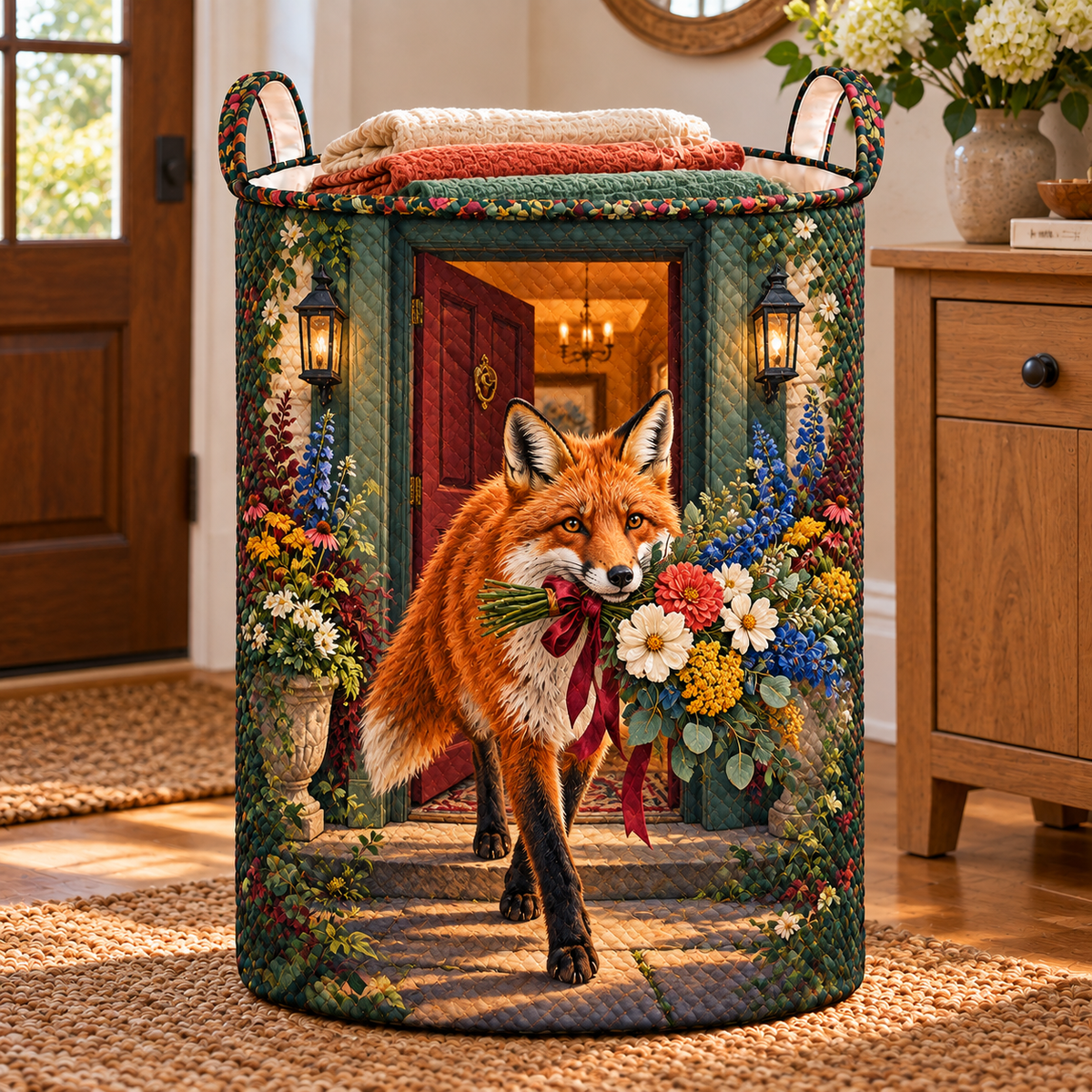 Foxglade Welcome Bouquet Laundry Hamper with printed optical 3D artwork in its use setting