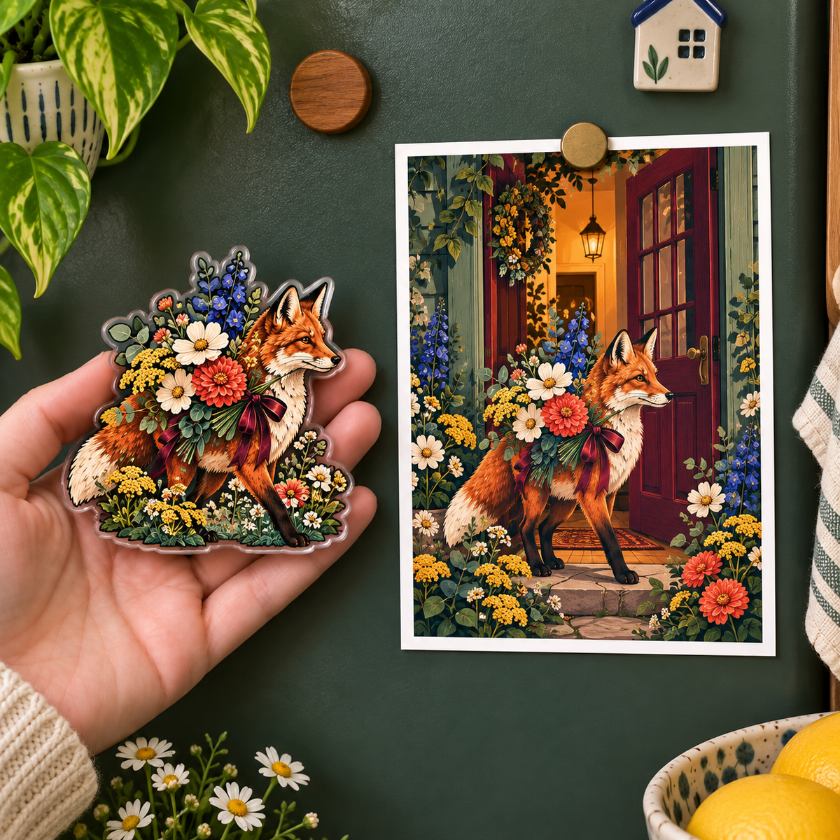 Foxglade Welcome Bouquet Acrylic Refrigerator Magnet with printed optical 3D artwork in its use setting