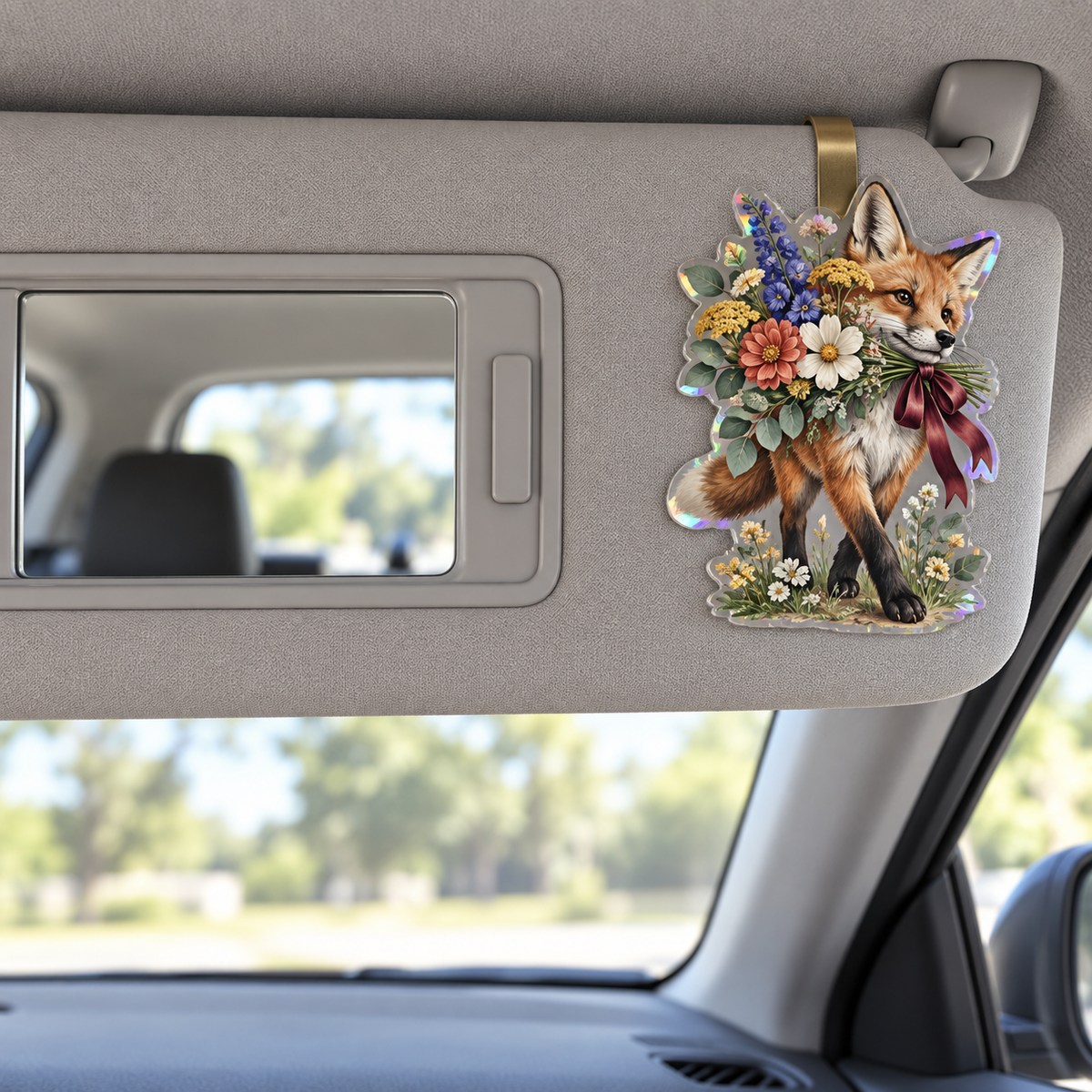 Foxglade Welcome Bouquet Holographic Car Visor Clip with printed optical 3D artwork in its use setting