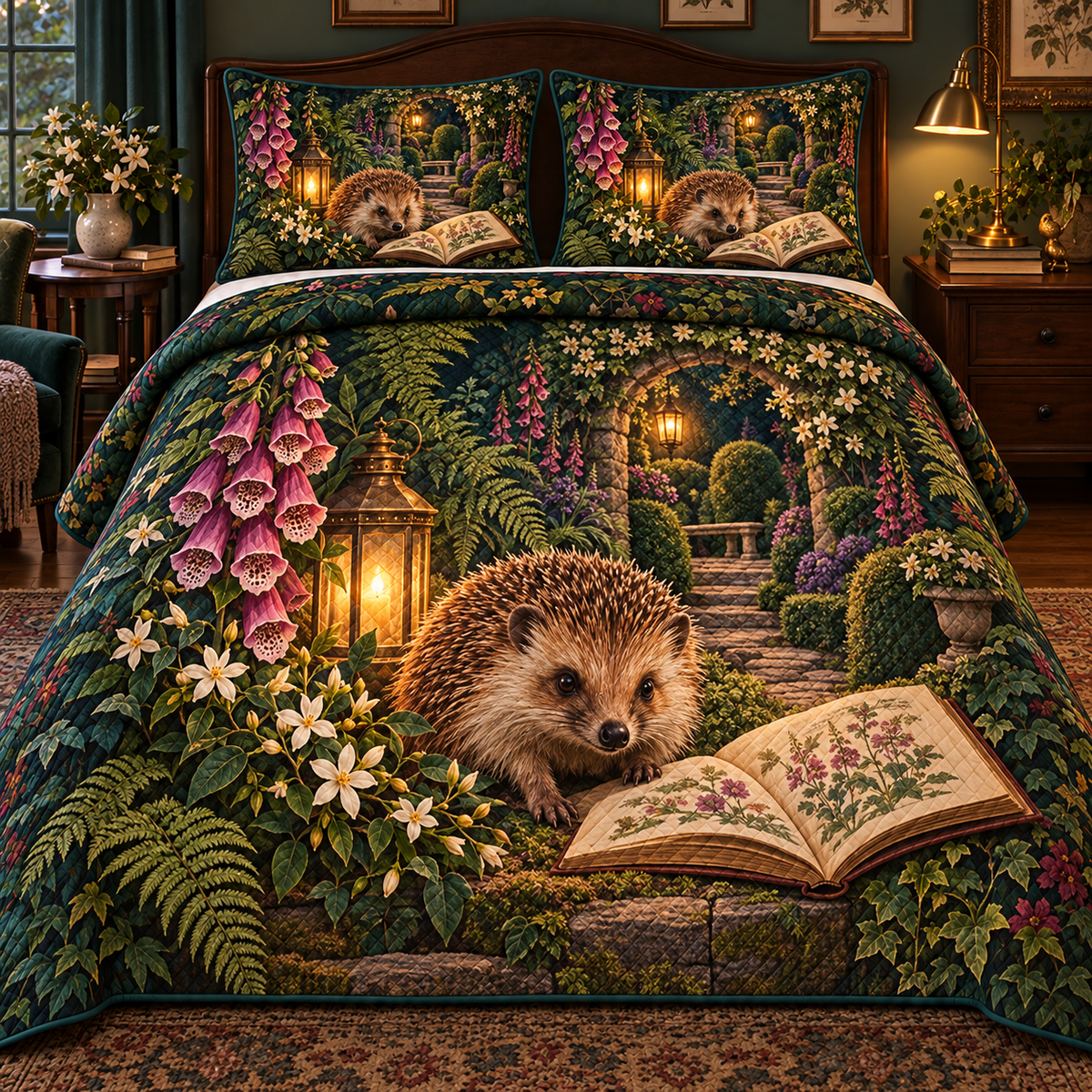 Hedgegrove Story Garden Quilted Bedding Set with printed optical 3D artwork in its use setting