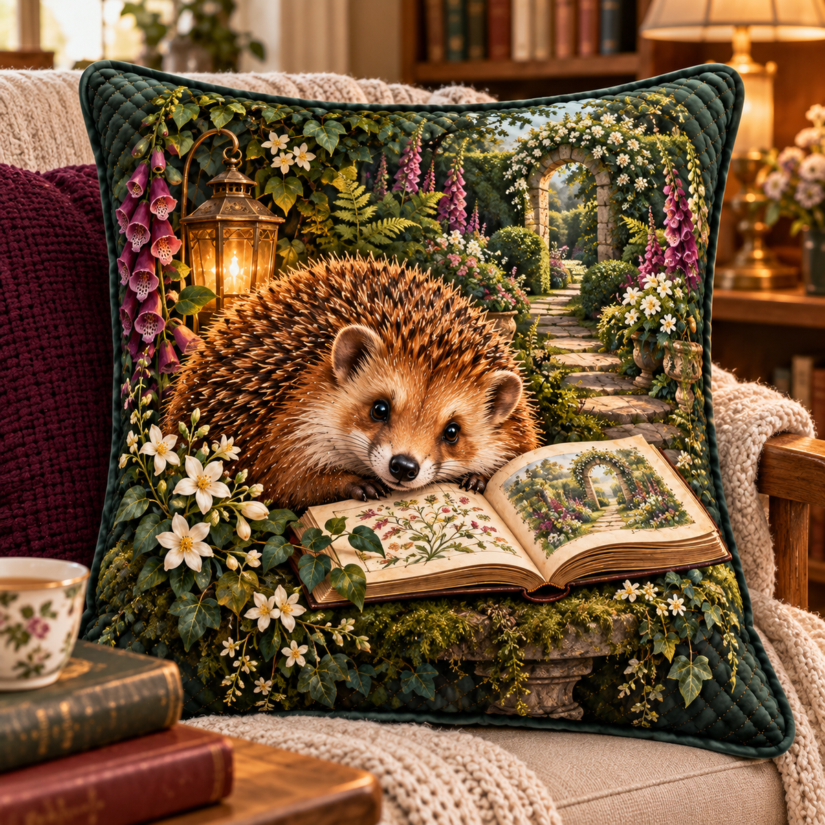 Hedgegrove Story Garden Quilted Cushion Cover with printed optical 3D artwork in its use setting