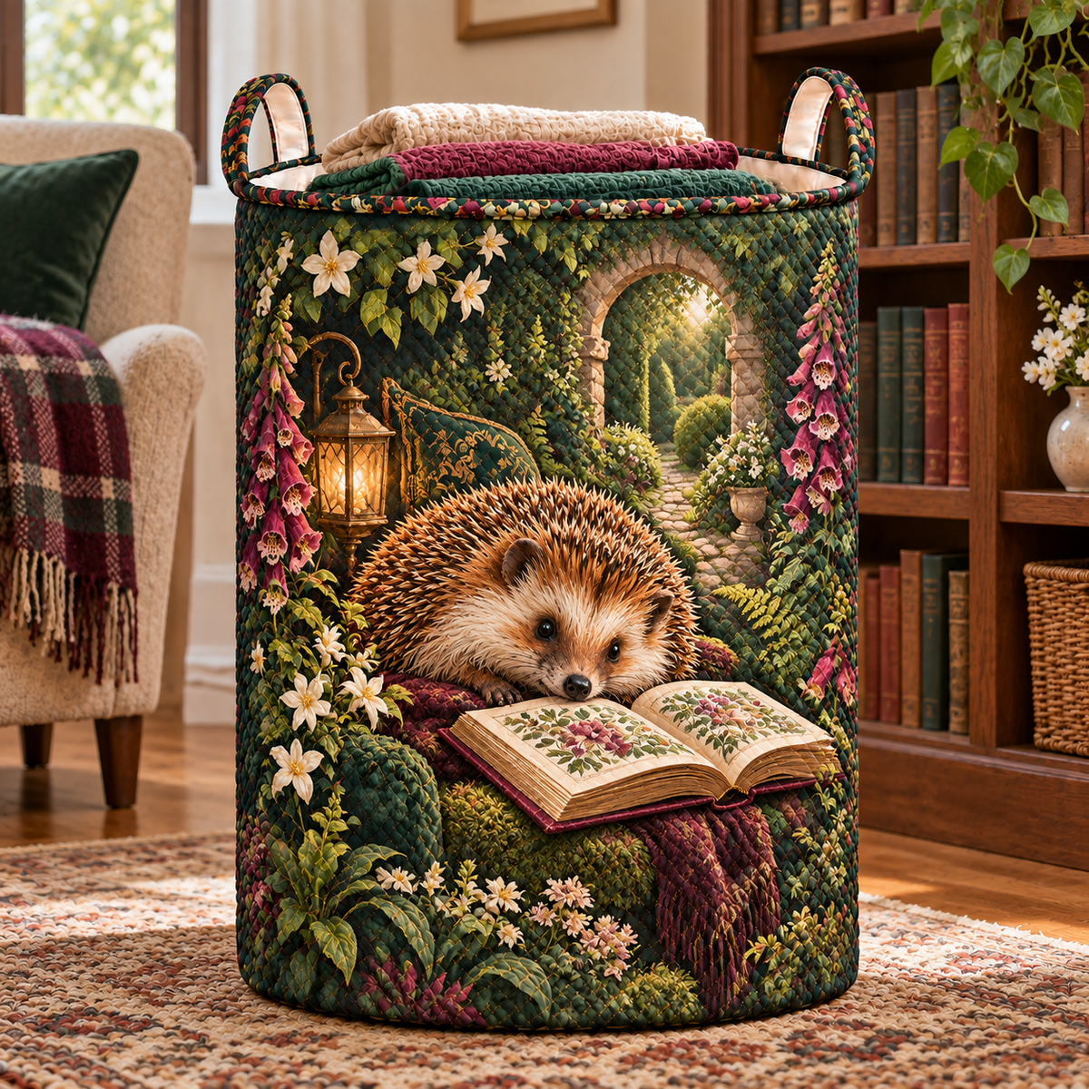 Hedgegrove Story Garden Laundry Hamper with printed optical 3D artwork in its use setting