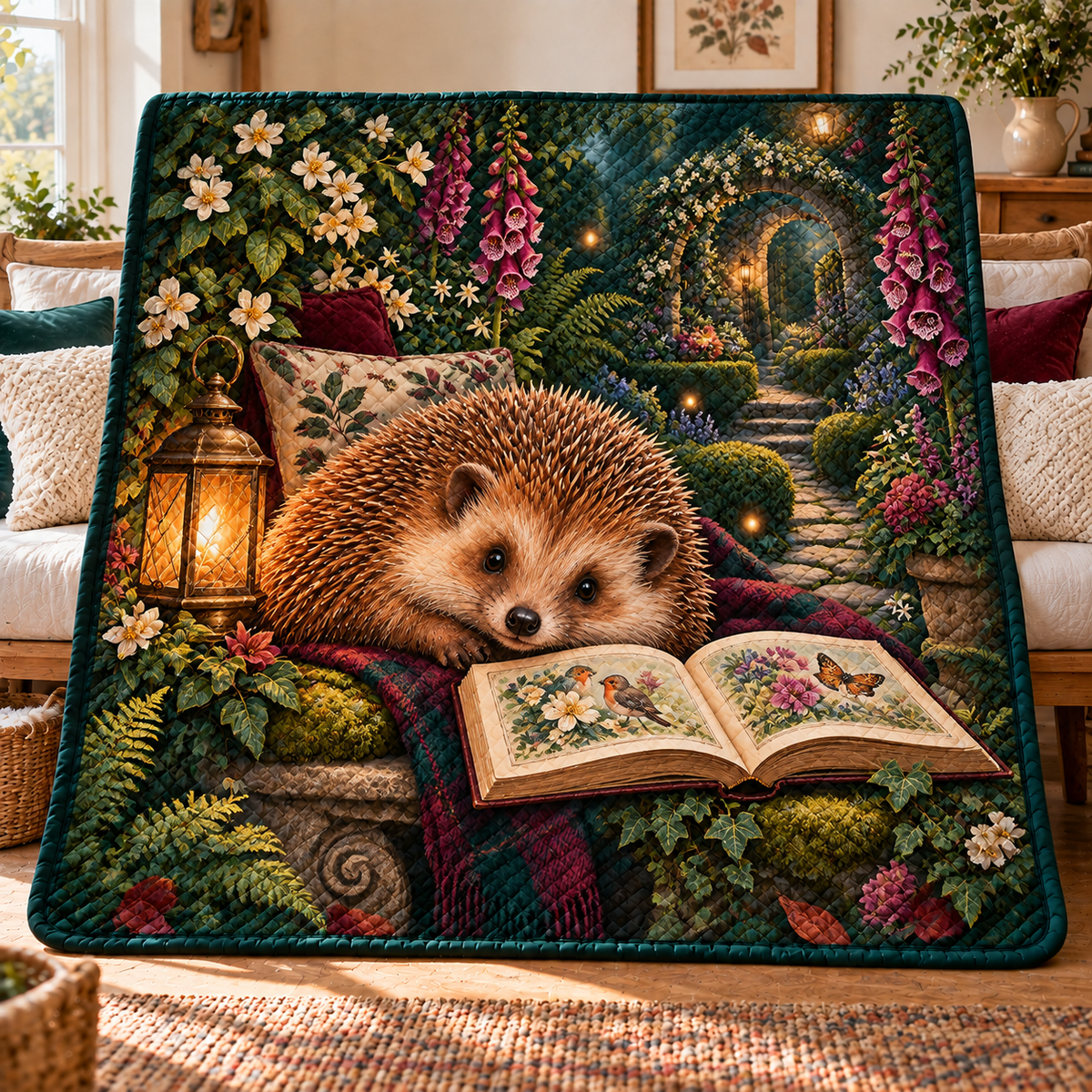 Hedgegrove Story Garden Quilt Blanket with printed optical 3D artwork in its use setting