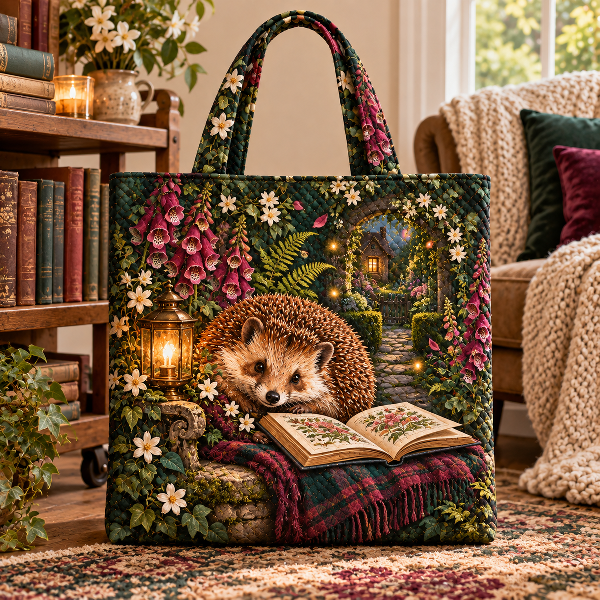Hedgegrove Story Garden Quilted Tote Bag with printed optical 3D artwork in its use setting