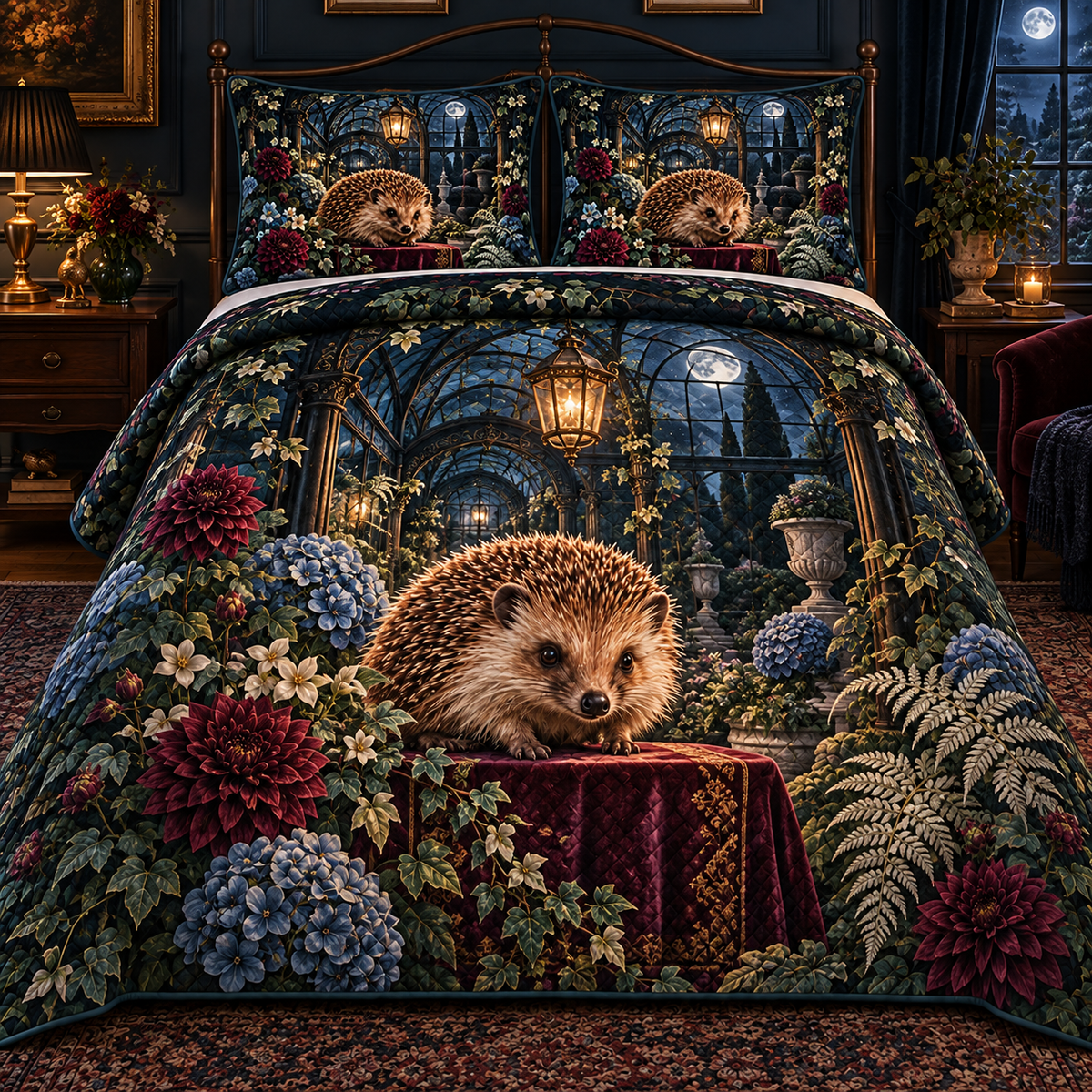 Midnight Hedgegrove Quilted Bedding Set with printed optical 3D artwork in its use setting