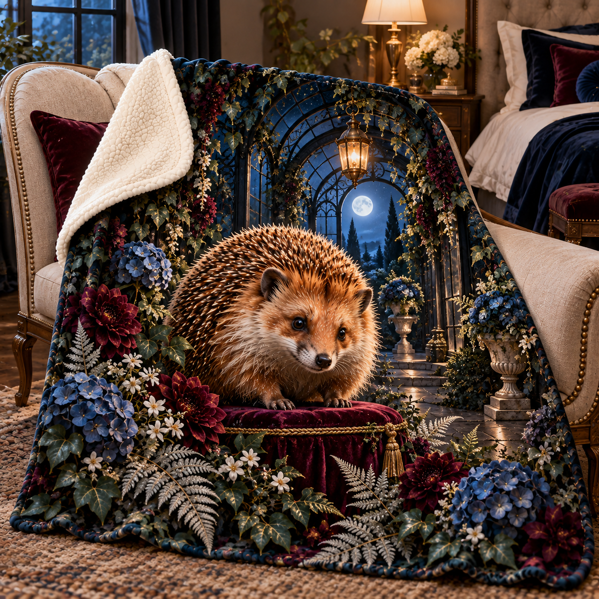 Midnight Hedgegrove Sherpa & Fleece Blanket with printed optical 3D artwork in its use setting