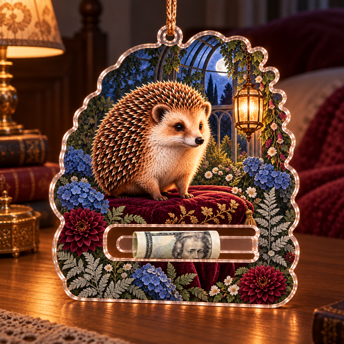 Midnight Hedgegrove Acrylic Cash Holder Ornament with printed optical 3D artwork in its use setting