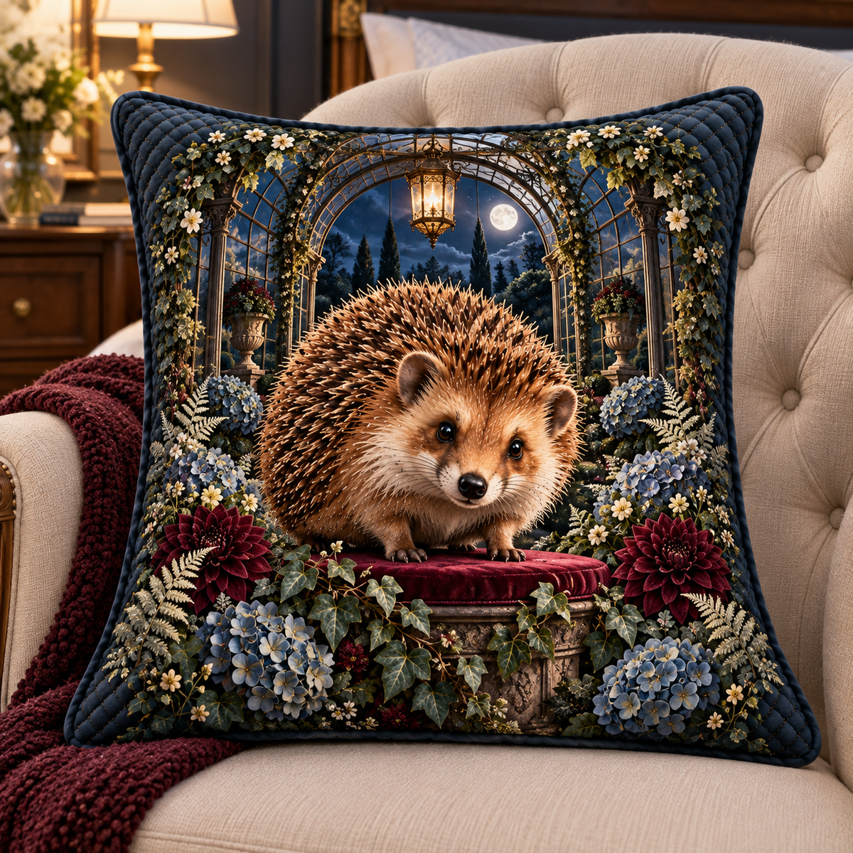 Midnight Hedgegrove Quilted Cushion Cover with printed optical 3D artwork in its use setting