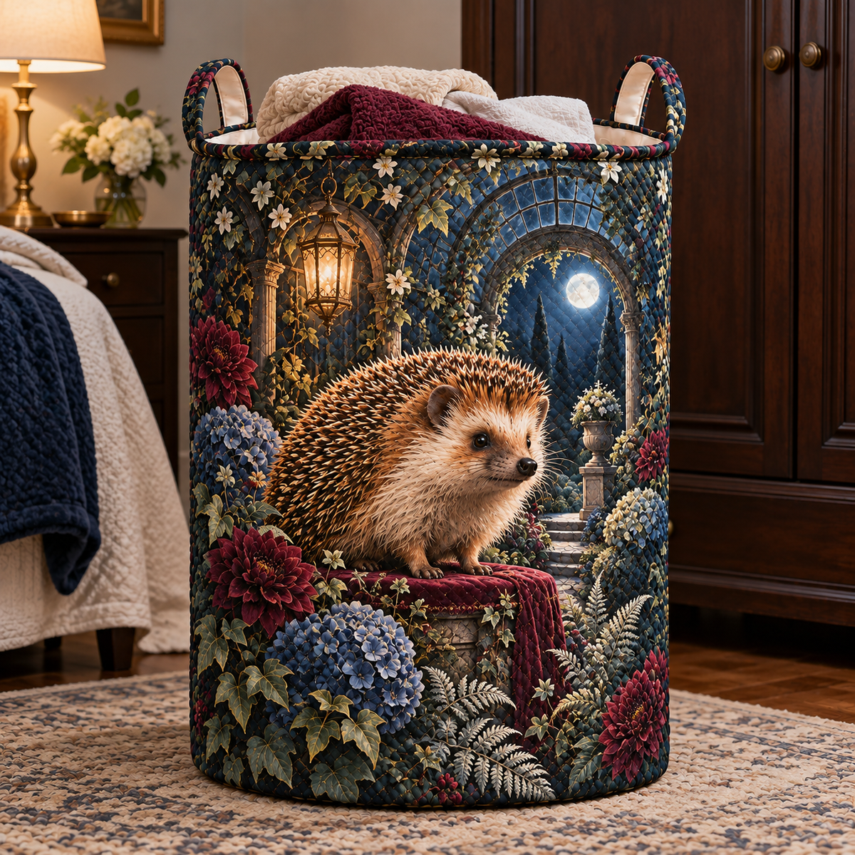 Midnight Hedgegrove Laundry Hamper with printed optical 3D artwork in its use setting