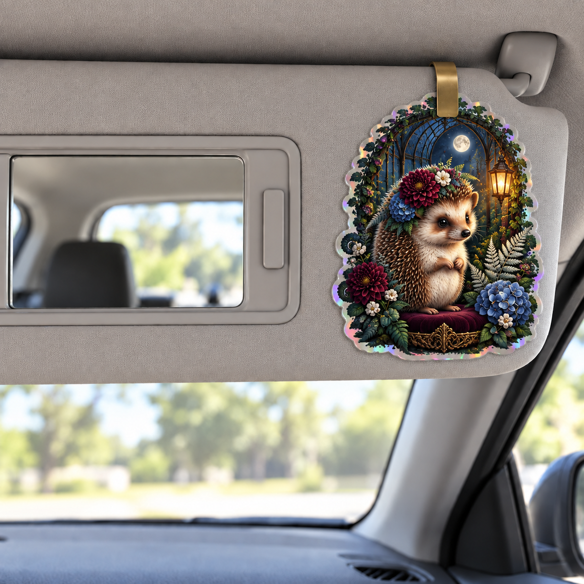 Midnight Hedgegrove Holographic Car Visor Clip with printed optical 3D artwork in its use setting