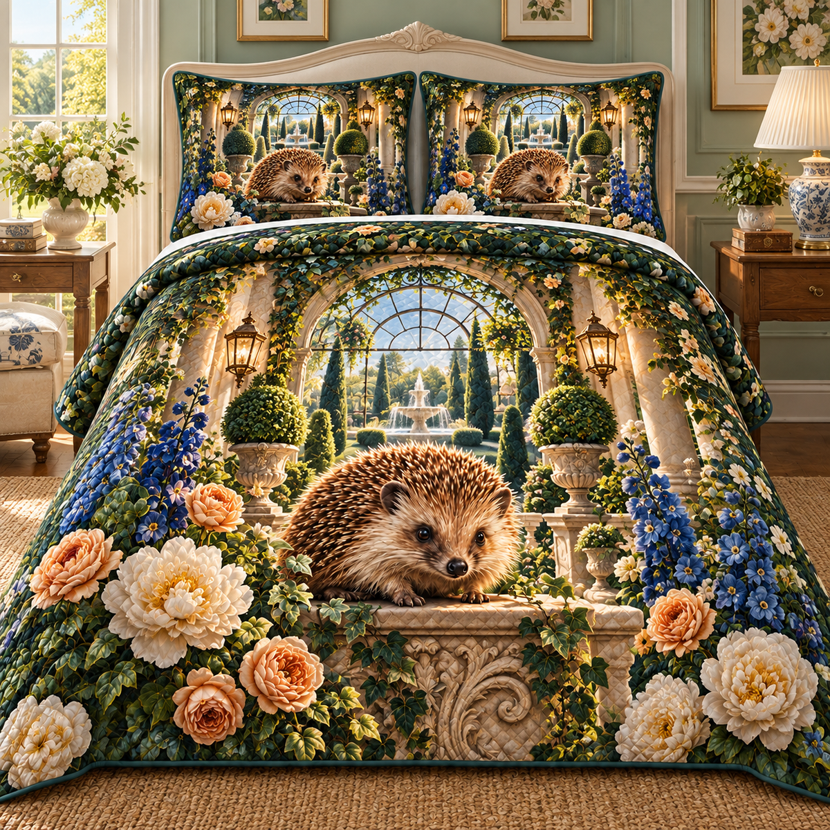 Hedgegrove Grand Salon Quilted Bedding Set with printed optical 3D artwork in its use setting