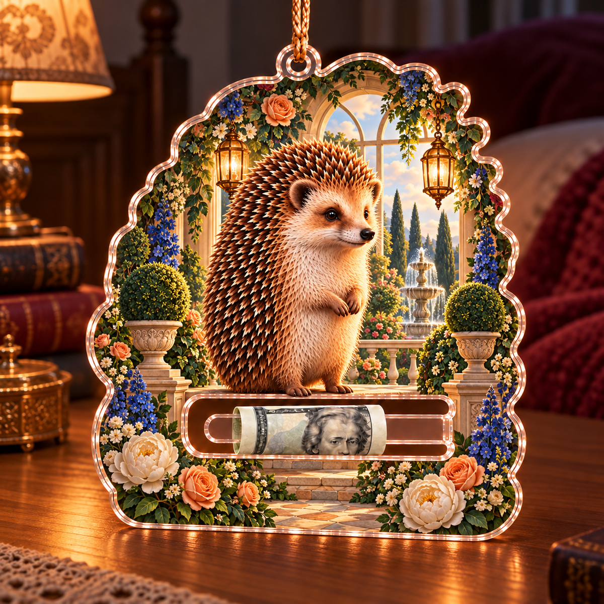 Hedgegrove Grand Salon Acrylic Cash Holder Ornament with printed optical 3D artwork in its use setting