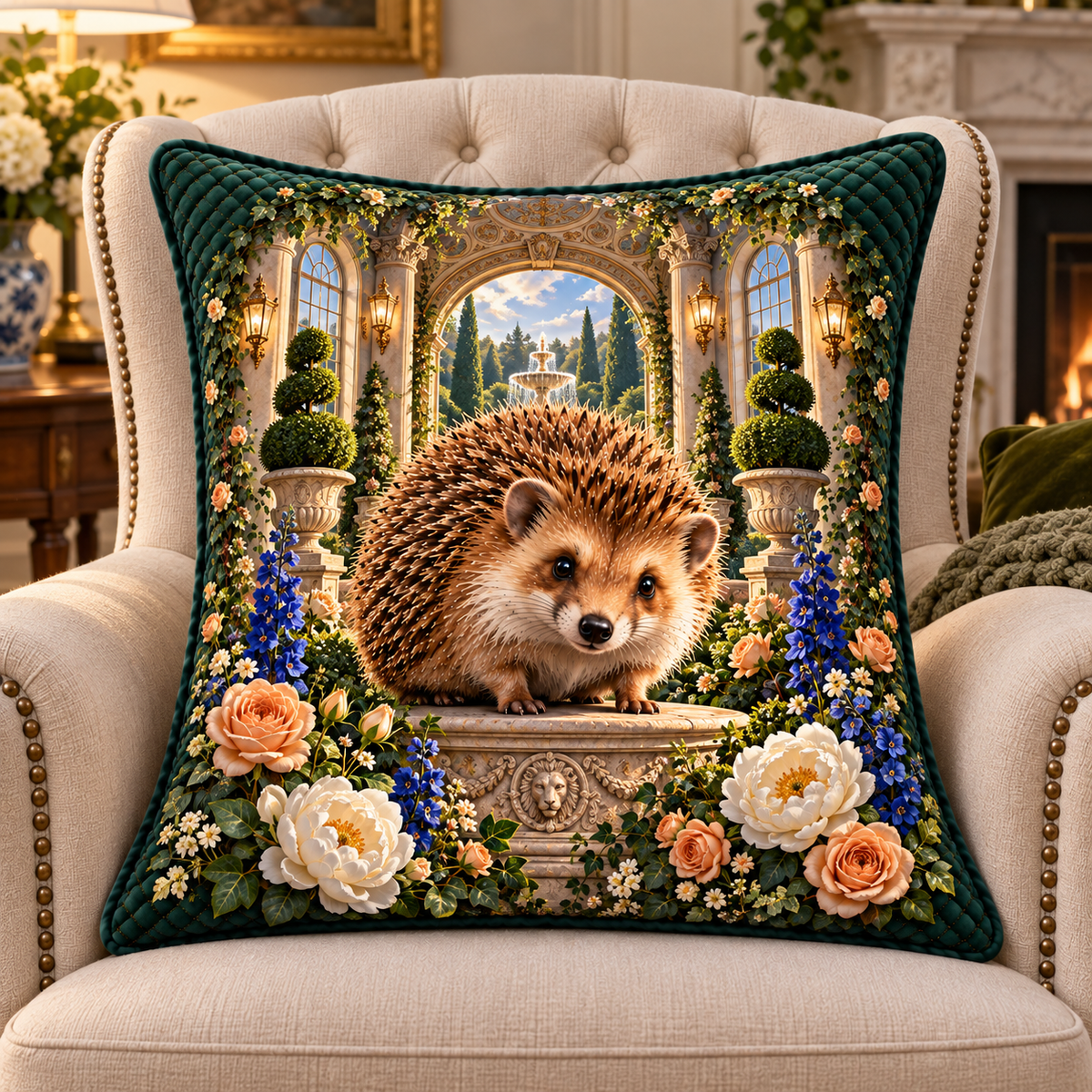 Hedgegrove Grand Salon Quilted Cushion Cover with printed optical 3D artwork in its use setting