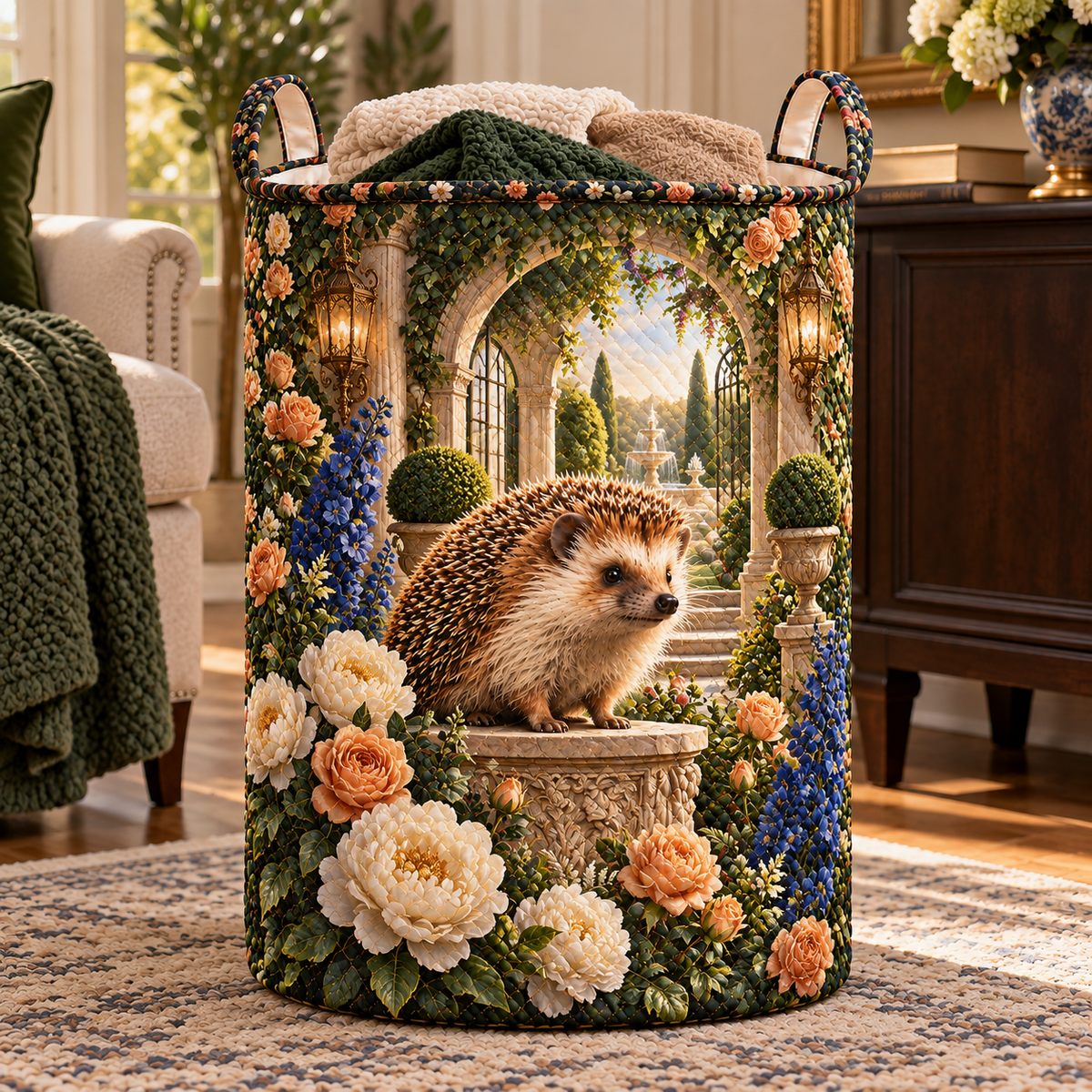 Hedgegrove Grand Salon Laundry Hamper with printed optical 3D artwork in its use setting