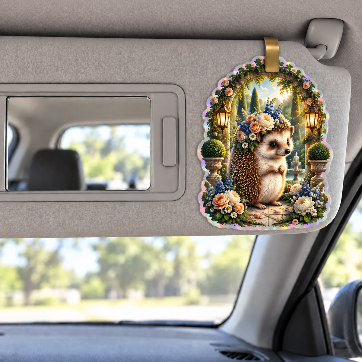 Hedgegrove Grand Salon Holographic Car Visor Clip with printed optical 3D artwork in its use setting