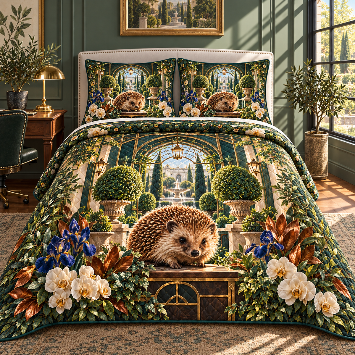 Hedgegrove Study Atrium Quilted Bedding Set with printed optical 3D artwork in its use setting