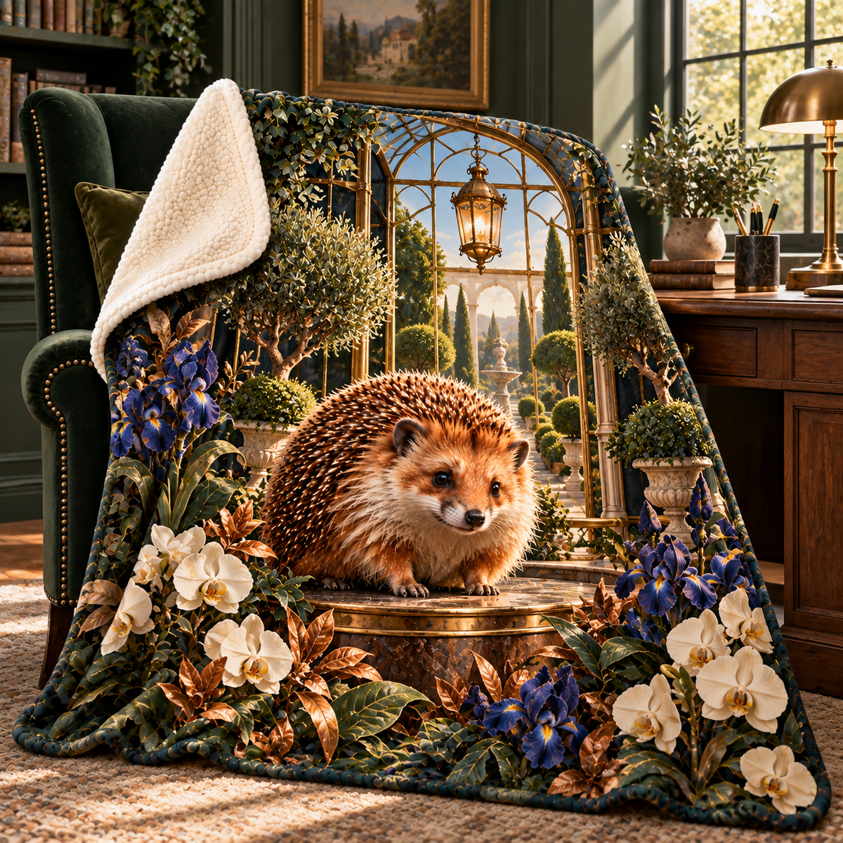Hedgegrove Study Atrium Sherpa & Fleece Blanket with printed optical 3D artwork in its use setting