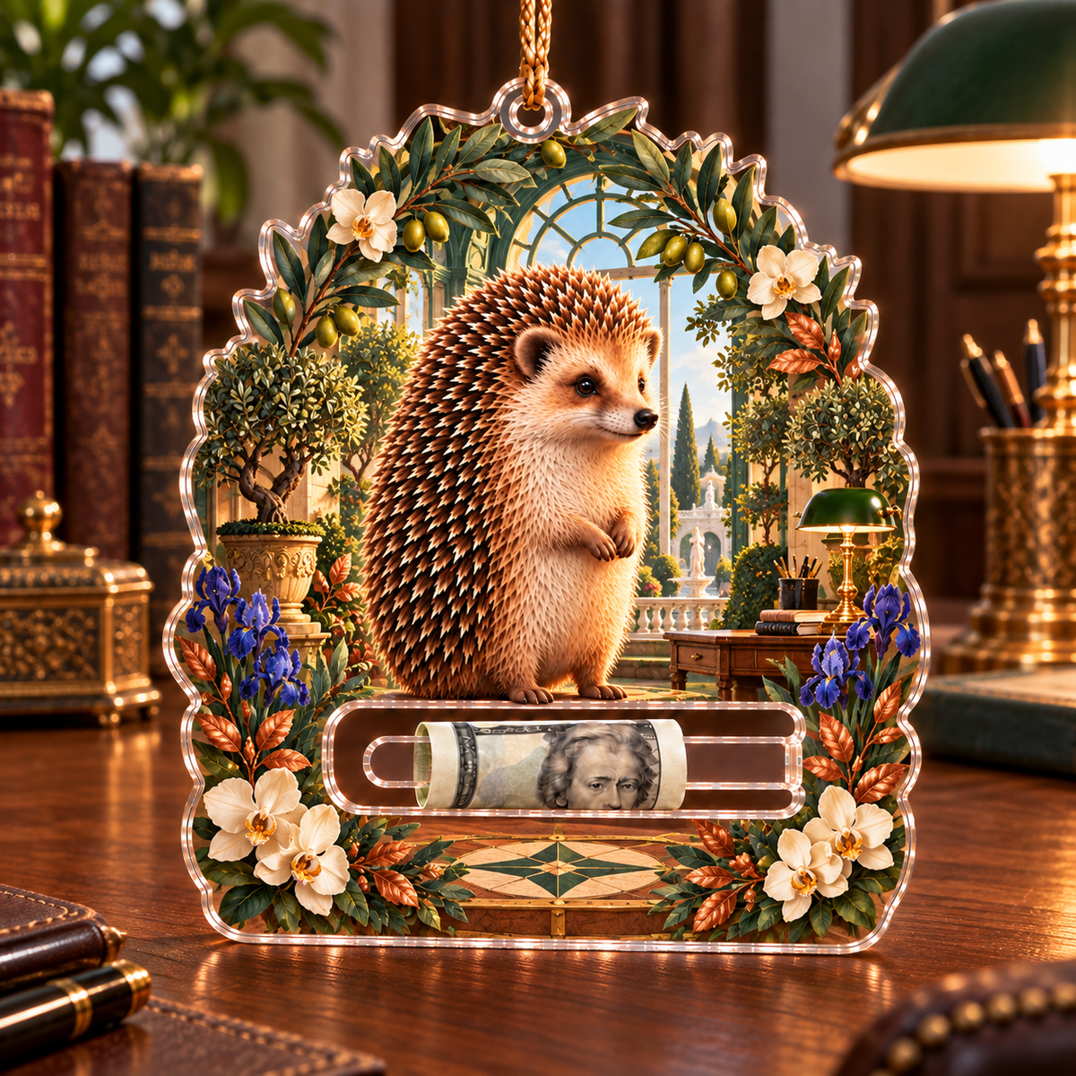 Hedgegrove Study Atrium Acrylic Cash Holder Ornament with printed optical 3D artwork in its use setting