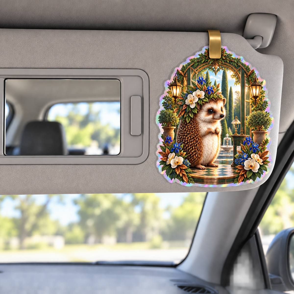 Hedgegrove Study Atrium Holographic Car Visor Clip with printed optical 3D artwork in its use setting