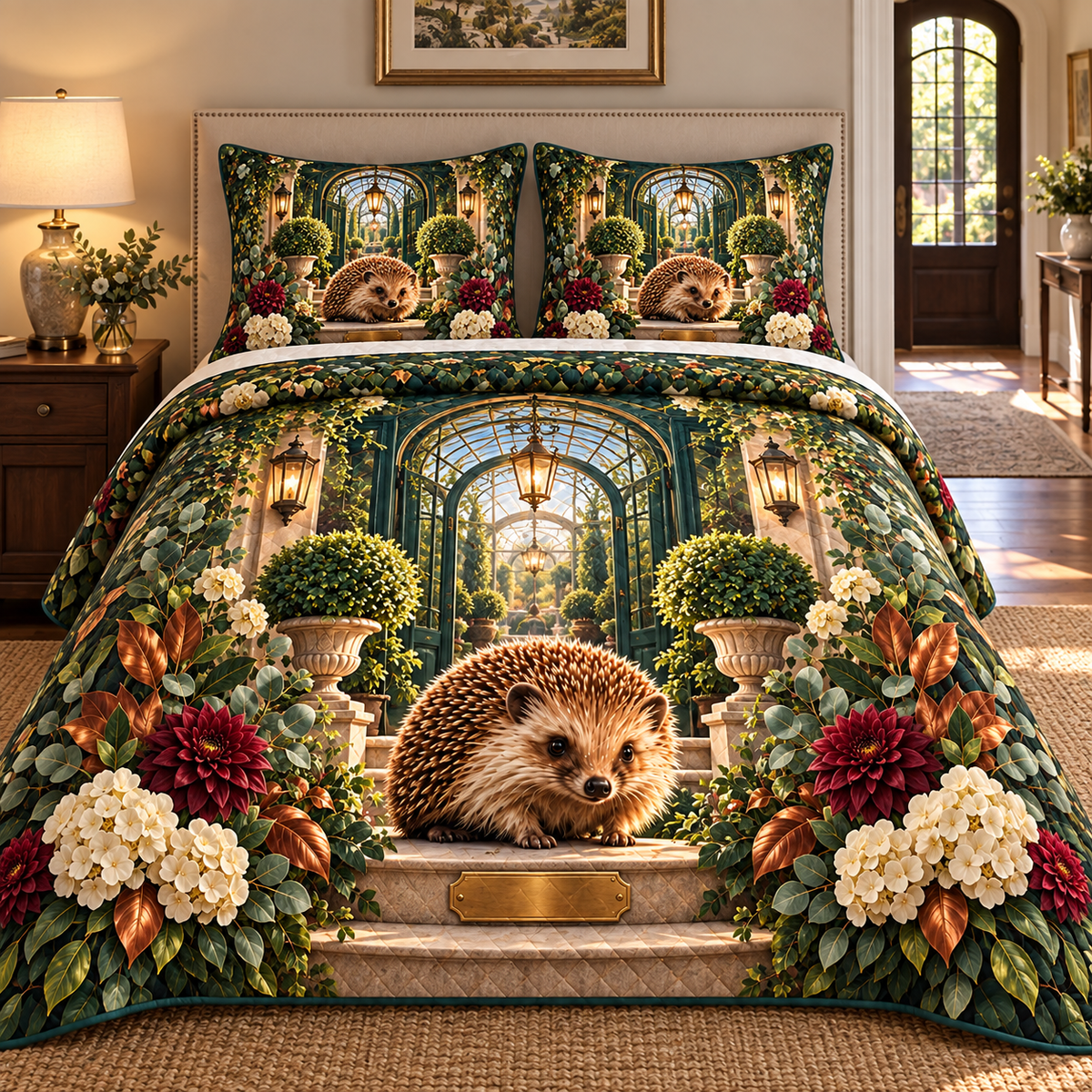 Hedgegrove Welcome Conservatory Quilted Bedding Set with printed optical 3D artwork in its use setting