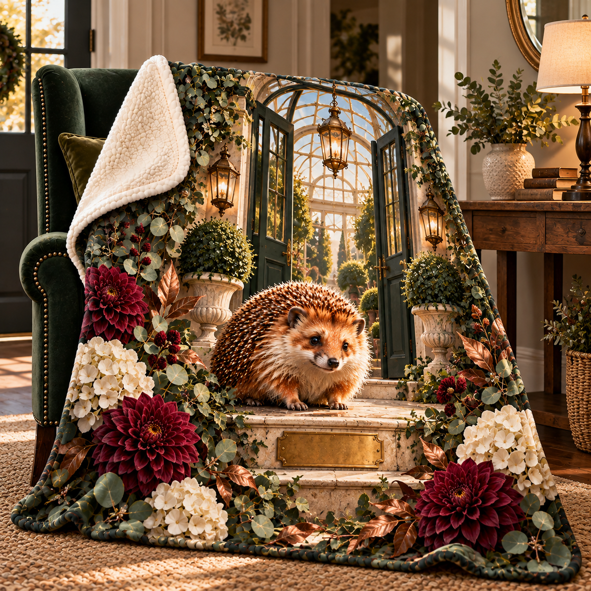 Hedgegrove Welcome Conservatory Sherpa & Fleece Blanket with printed optical 3D artwork in its use setting