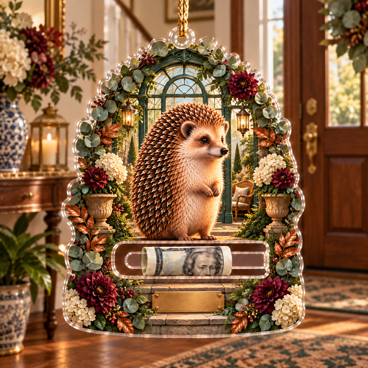 Hedgegrove Welcome Conservatory Acrylic Cash Holder Ornament with printed optical 3D artwork in its use setting