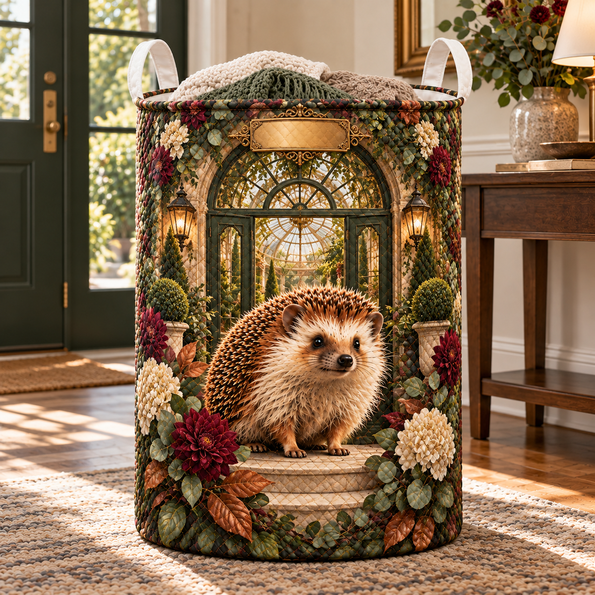 Hedgegrove Welcome Conservatory Laundry Hamper with printed optical 3D artwork in its use setting