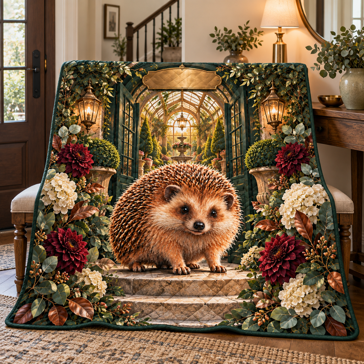Hedgegrove Welcome Conservatory Quilt Blanket with printed optical 3D artwork in its use setting