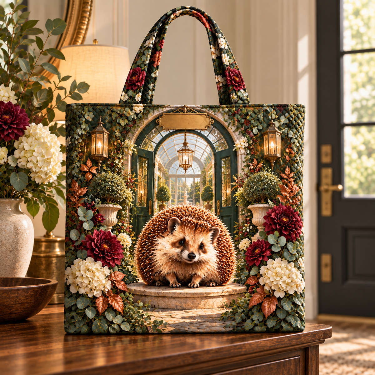 Hedgegrove Welcome Conservatory Quilted Tote Bag with printed optical 3D artwork in its use setting