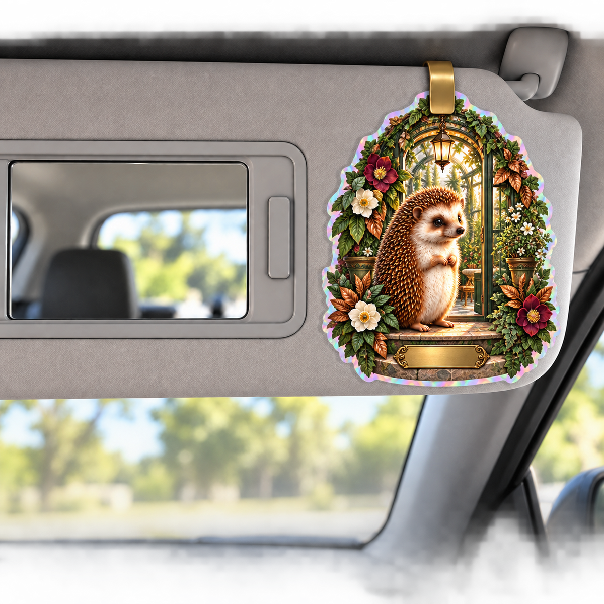 Hedgegrove Welcome Conservatory Holographic Car Visor Clip with printed optical 3D artwork in its use setting