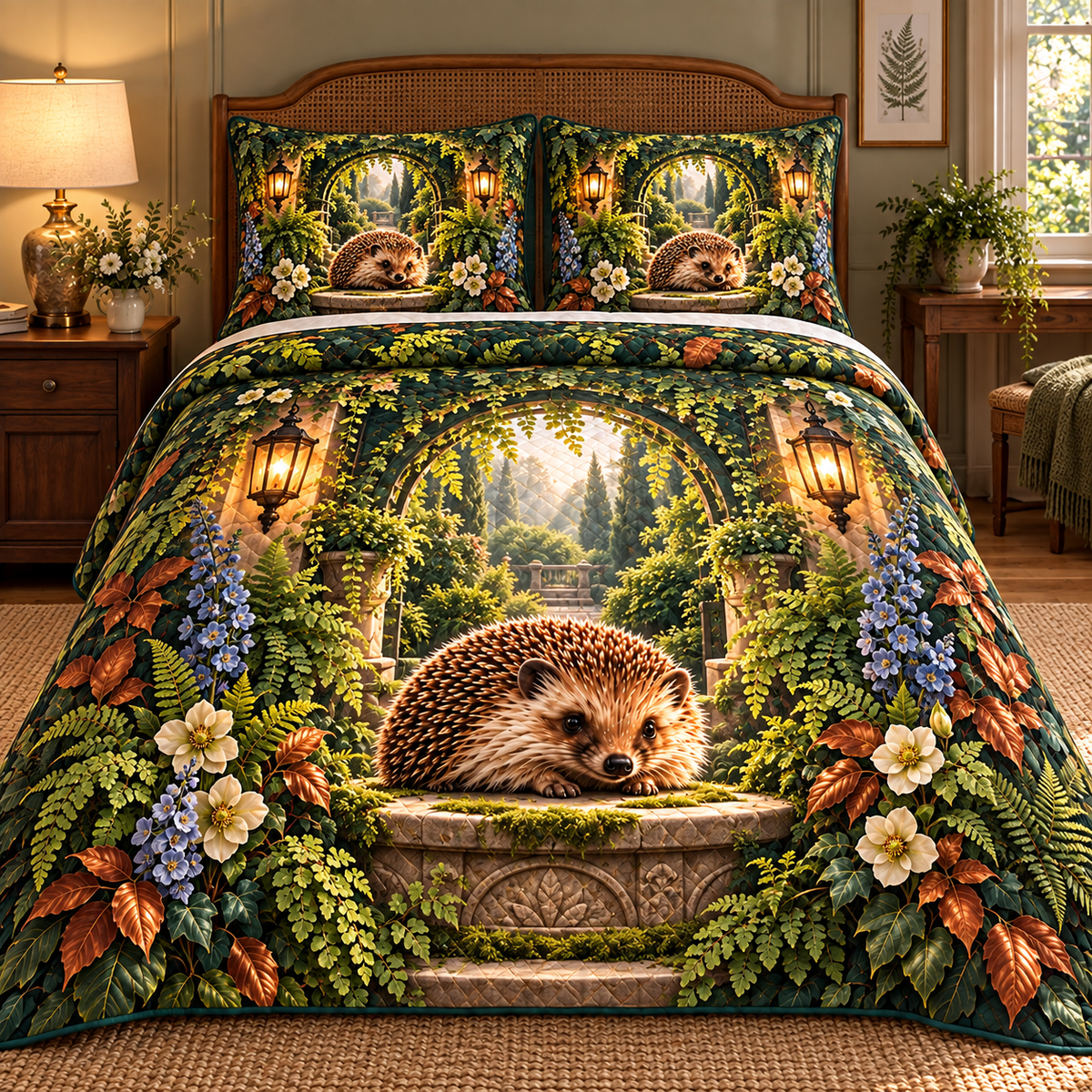 Hedgegrove Lantern Fern Alcove Quilted Bedding Set with printed optical 3D artwork in its use setting