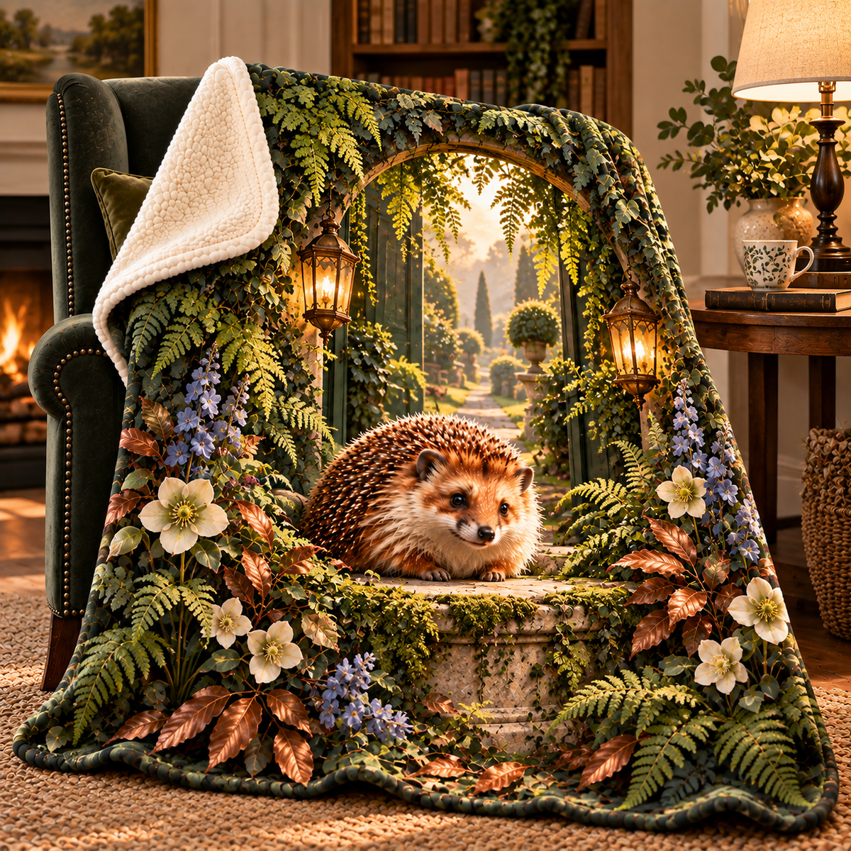 Hedgegrove Lantern Fern Alcove Sherpa & Fleece Blanket with printed optical 3D artwork in its use setting