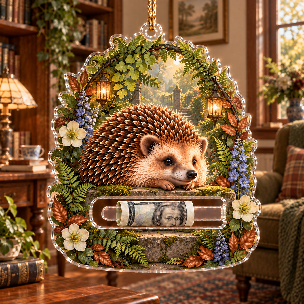 Hedgegrove Lantern Fern Alcove Acrylic Cash Holder Ornament with printed optical 3D artwork in its use setting