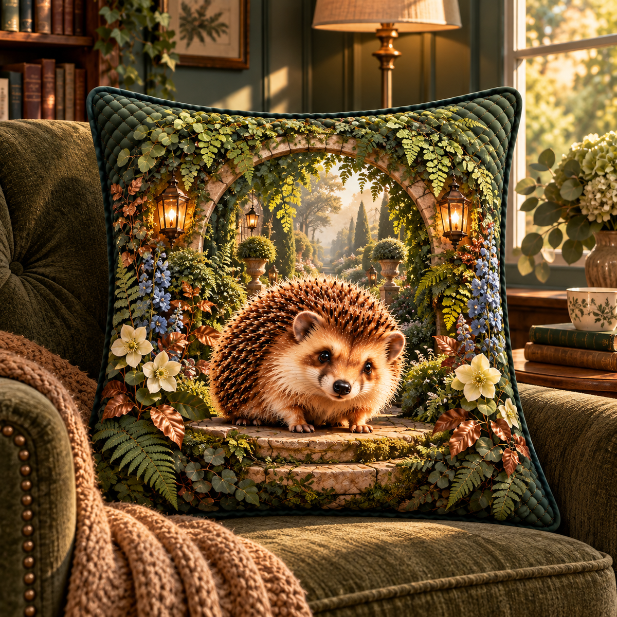 Hedgegrove Lantern Fern Alcove Quilted Cushion Cover with printed optical 3D artwork in its use setting