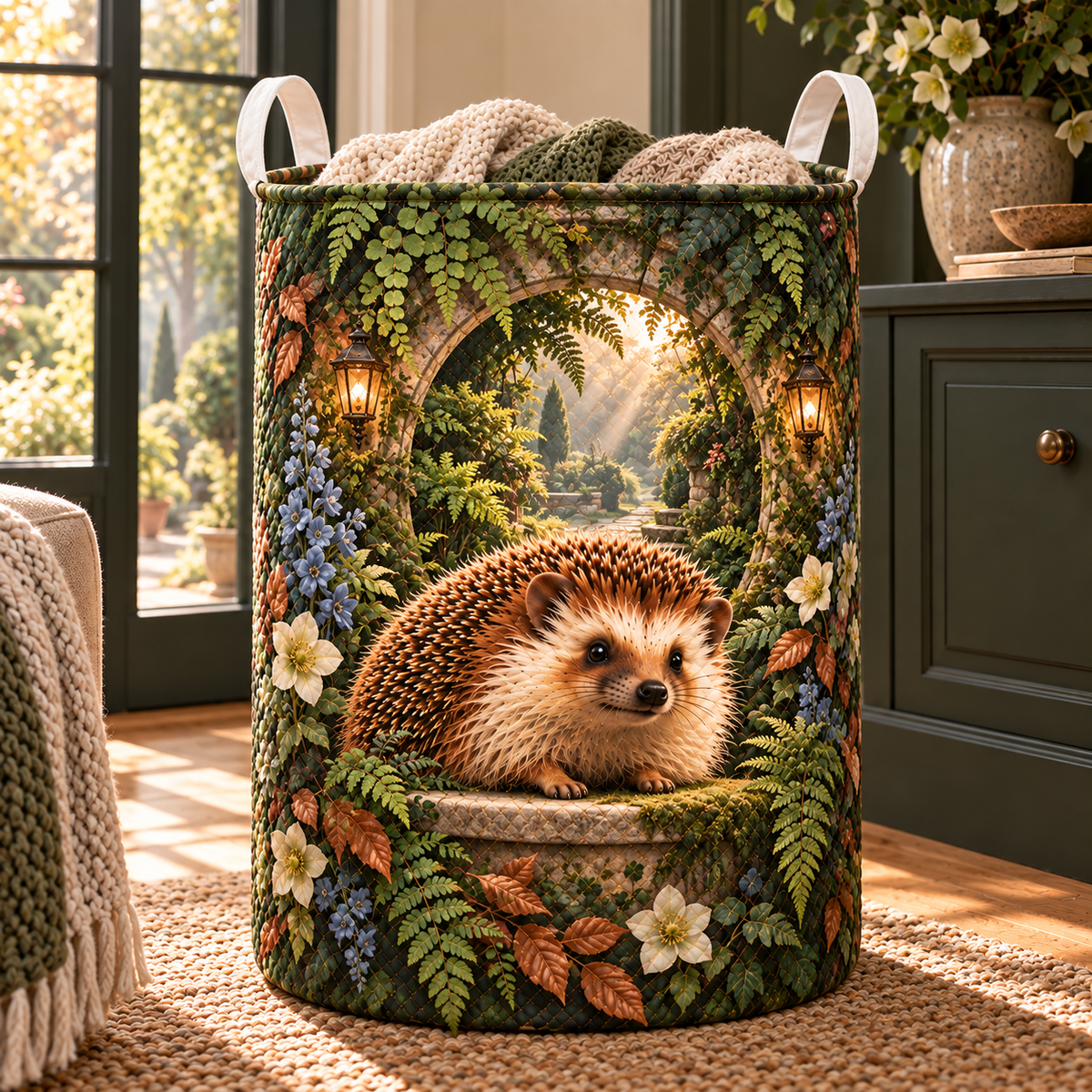 Hedgegrove Lantern Fern Alcove Laundry Hamper with printed optical 3D artwork in its use setting