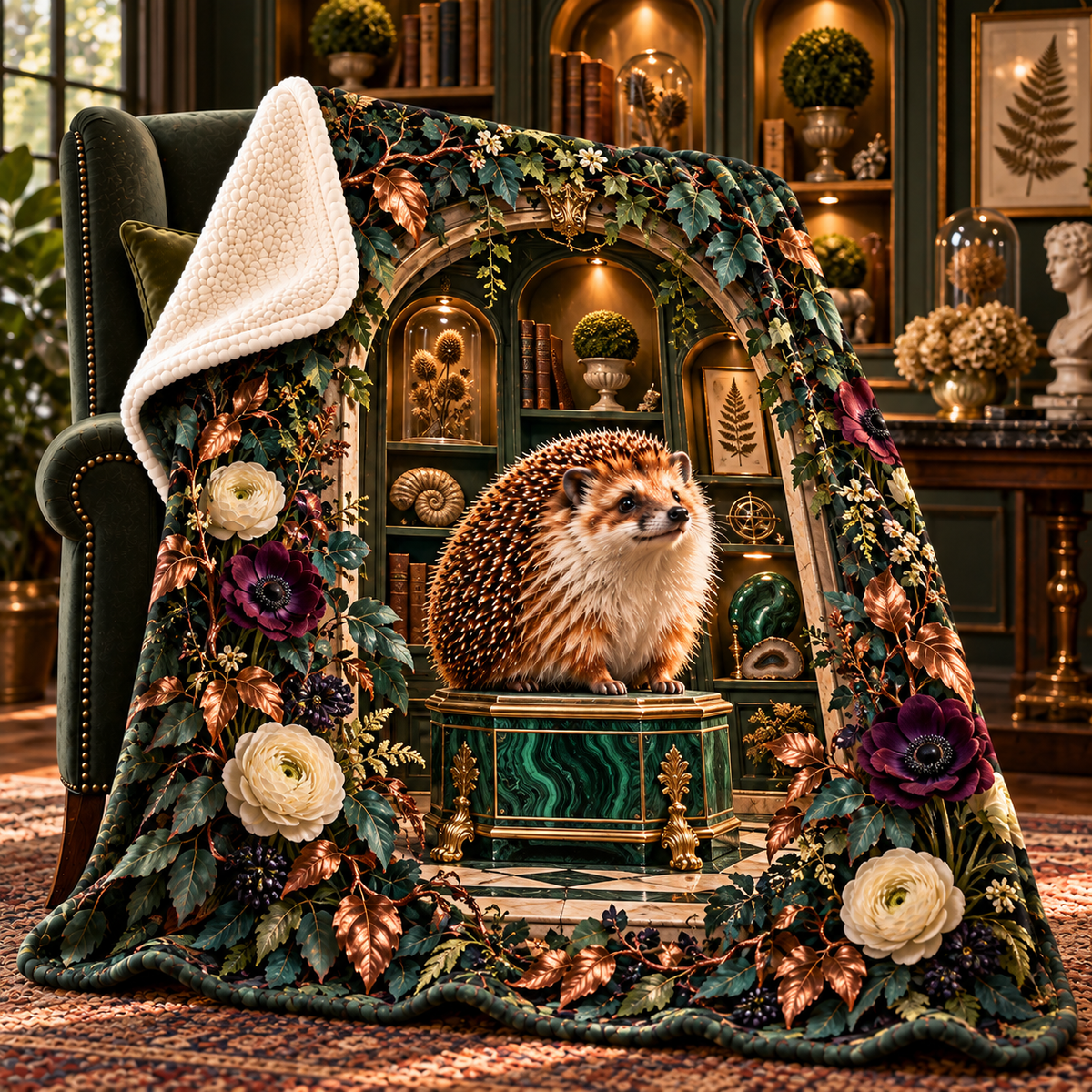 Hedgegrove Curio Gallery Sherpa & Fleece Blanket with printed optical 3D artwork in its use setting
