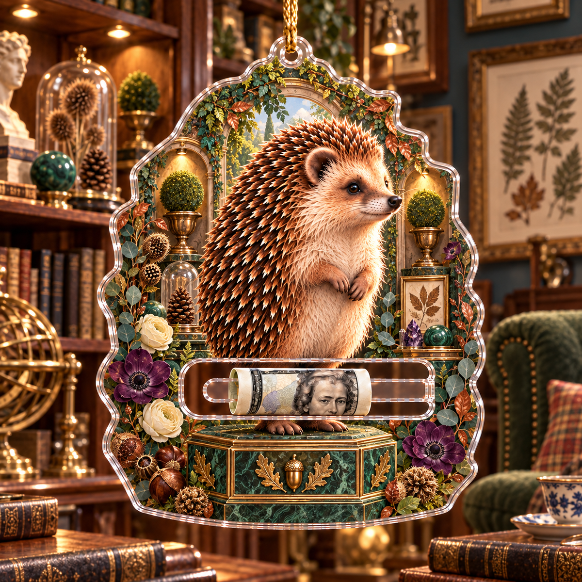 Hedgegrove Curio Gallery Acrylic Cash Holder Ornament with printed optical 3D artwork in its use setting