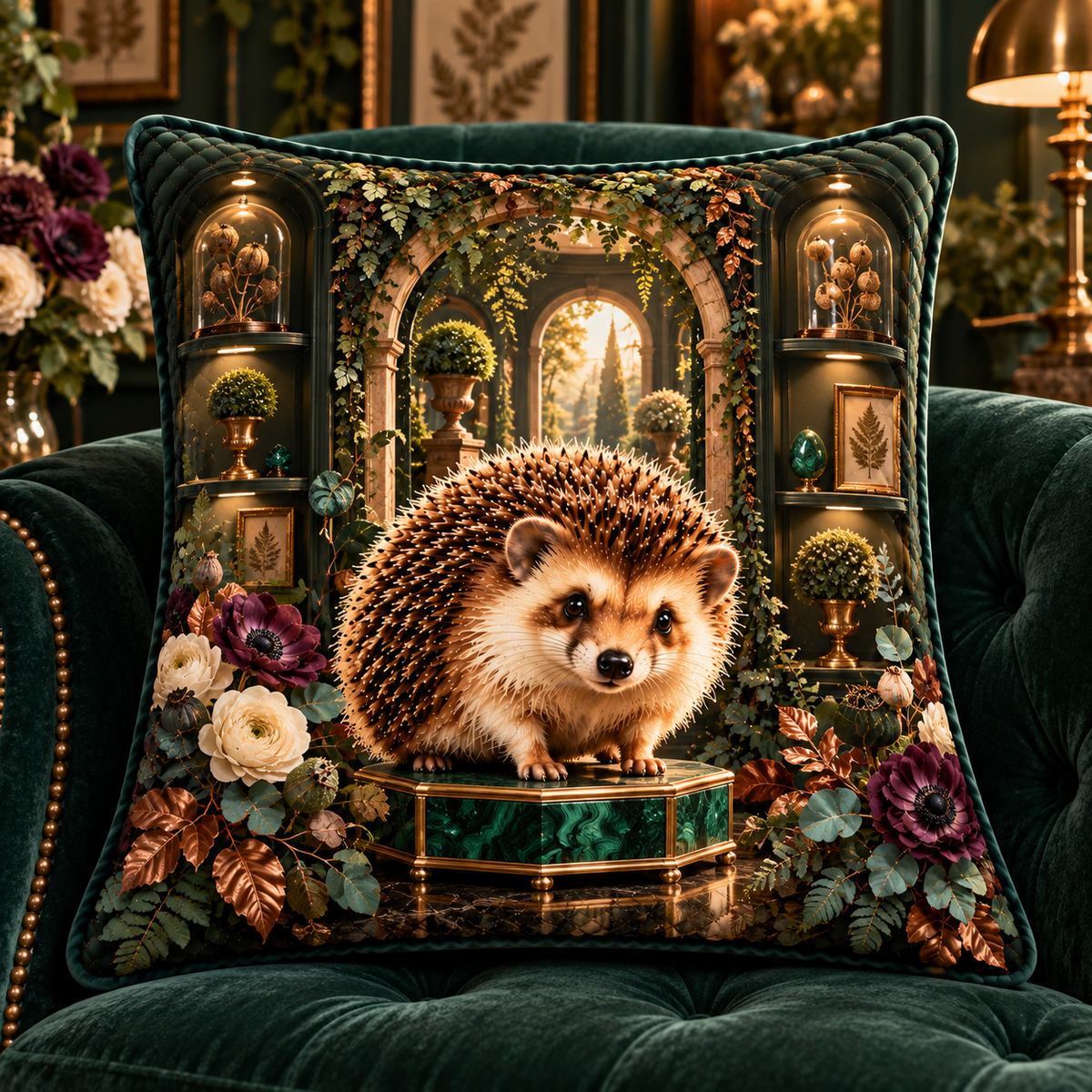 Hedgegrove Curio Gallery Quilted Cushion Cover with printed optical 3D artwork in its use setting