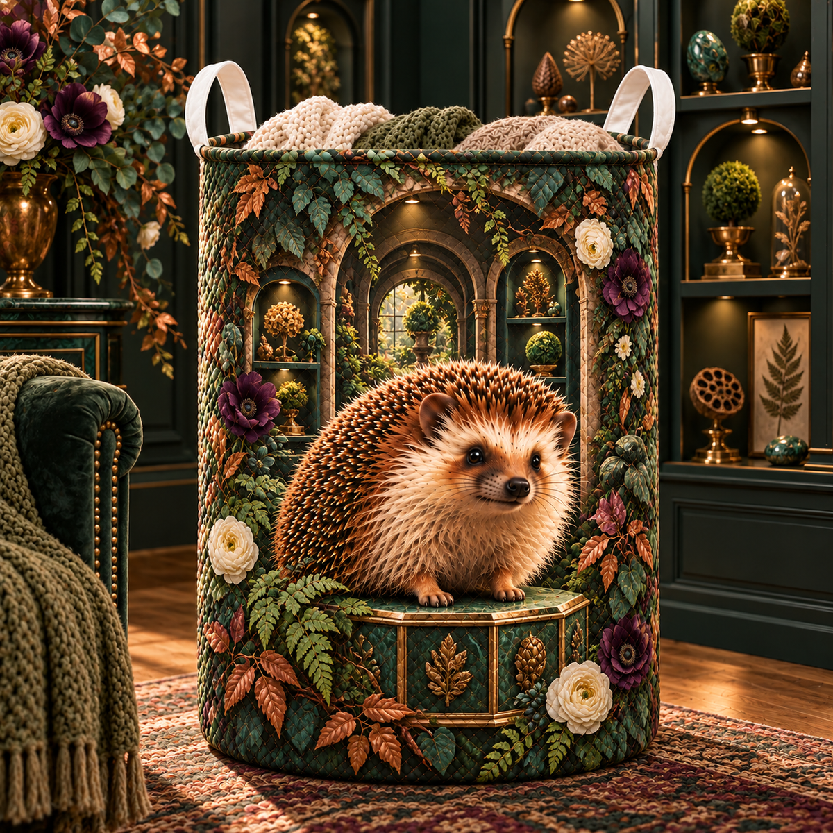 Hedgegrove Curio Gallery Laundry Hamper with printed optical 3D artwork in its use setting